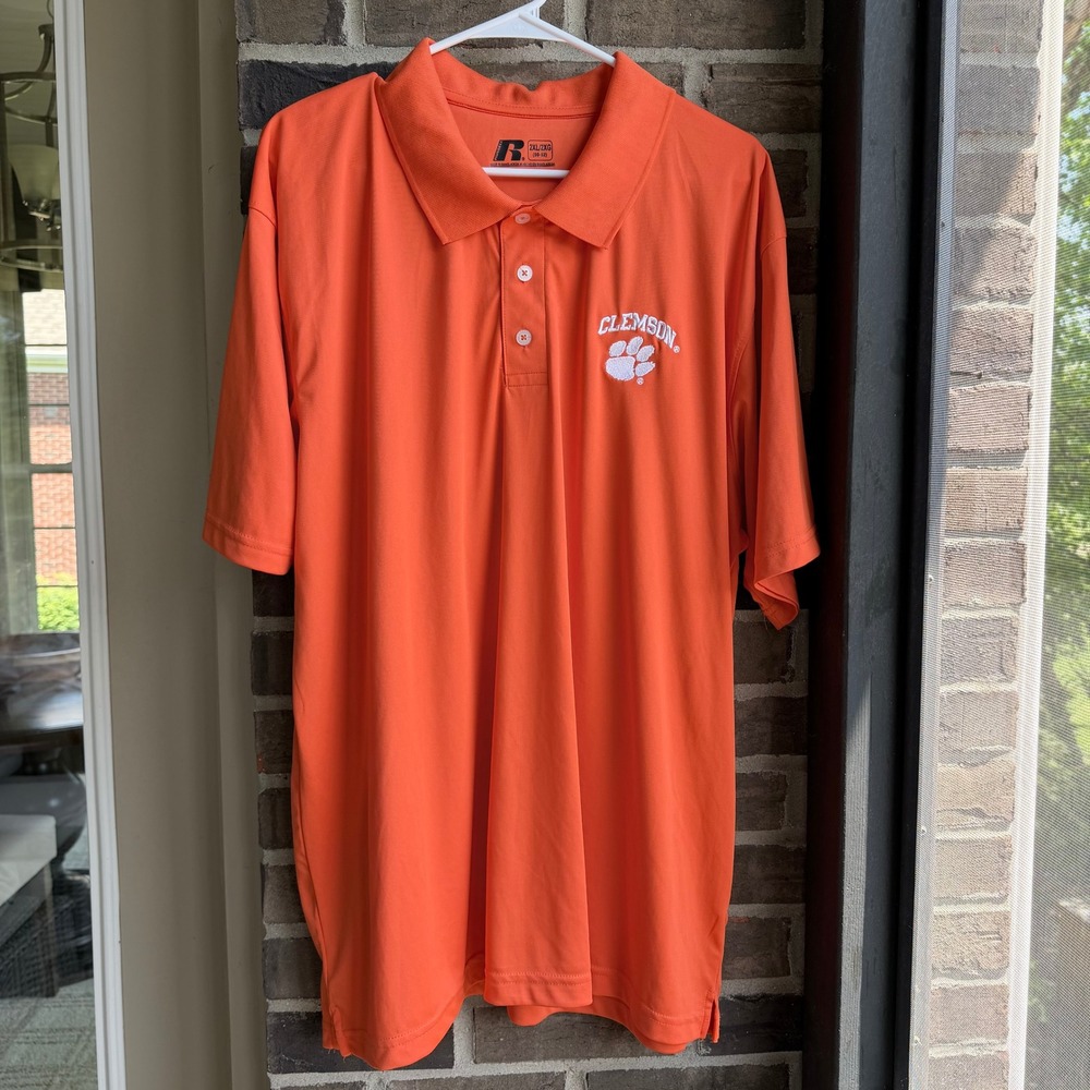 Russell Athletic Polo Shirt Mens 2XL Orange Excellent Clemson Tigers NCAA